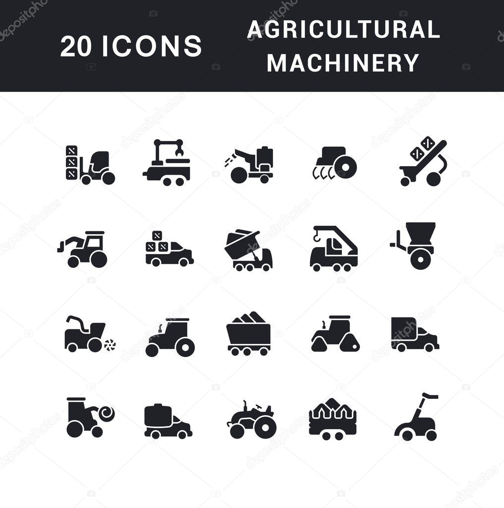 Collection simple icons of agricultural machinery on a white background. Modern black and white signs for websites, mobile apps, and concepts