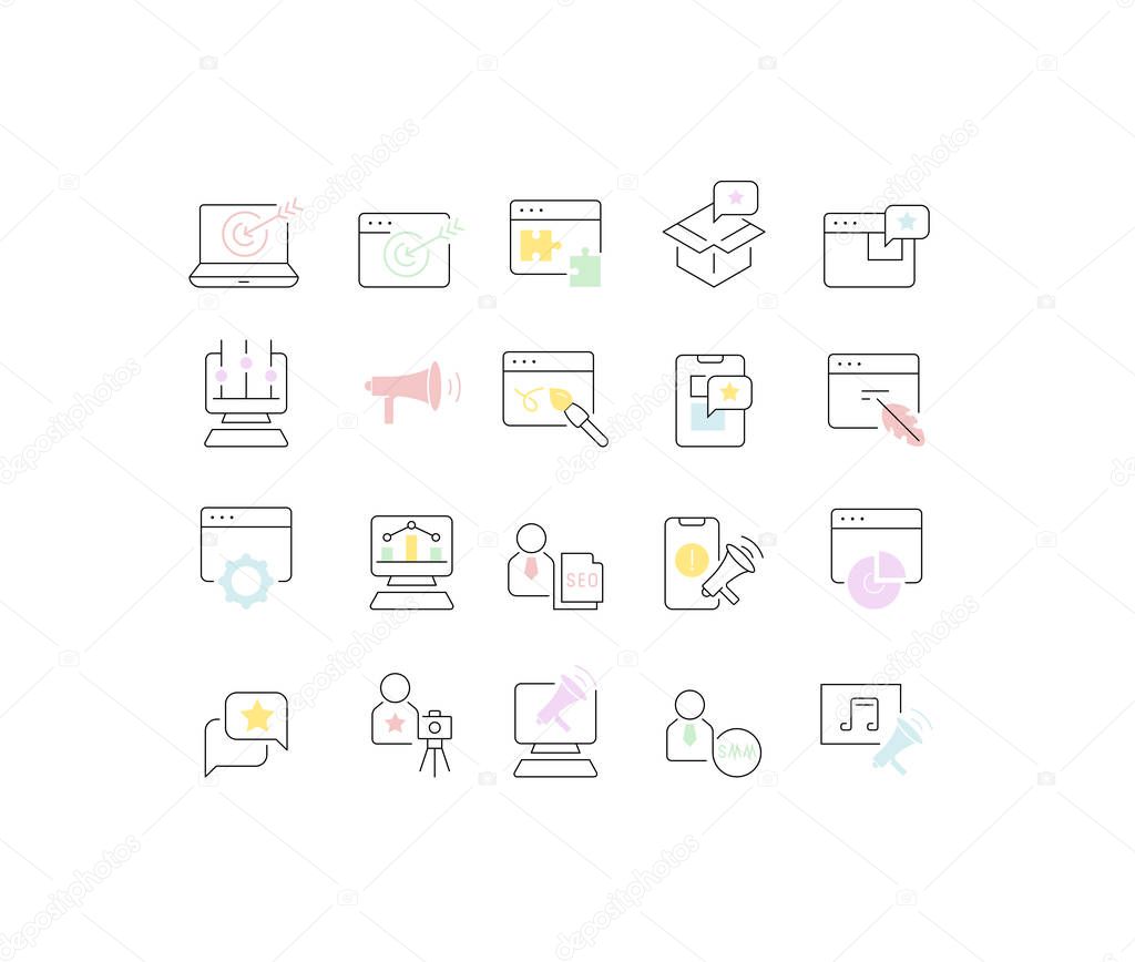 Set of vector line icons of content marketing for modern concepts, web and apps.