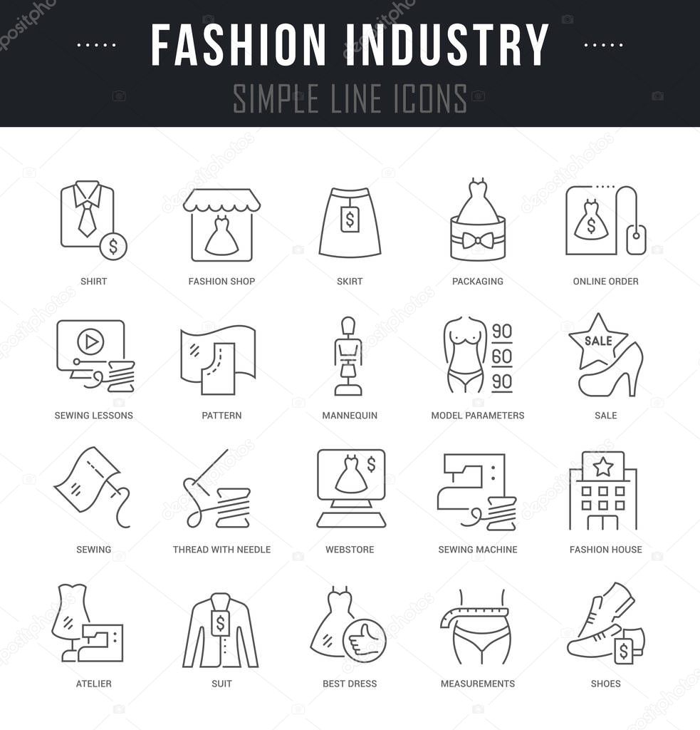 Collection linear icons of fashion industry with names