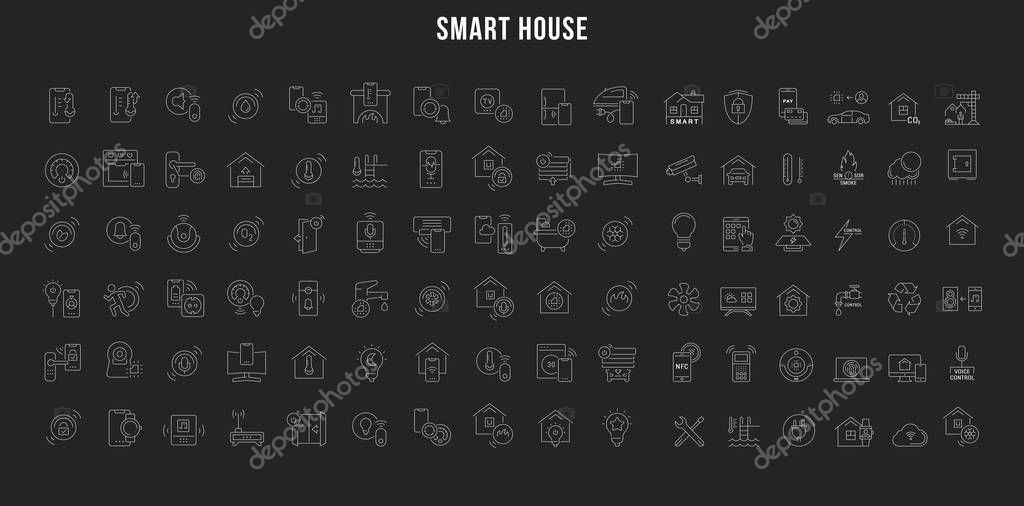 Set vector line icons with open path smart home, smart systems and technology with elements for mobile concepts and web apps. Collection modern infographic logo and pictogram.