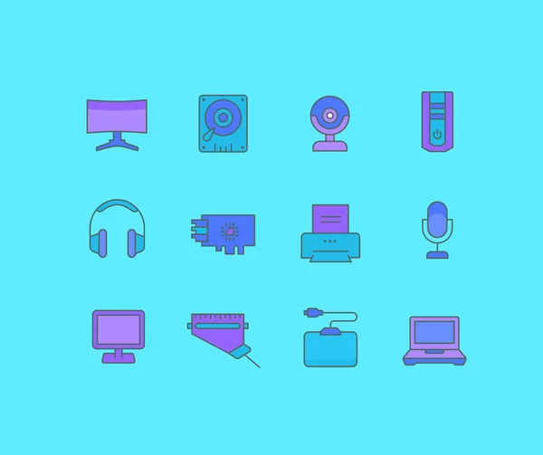 Serie di icone della linea semplice di aggiornamento dei componenti del computer — Vettoriale Stock
