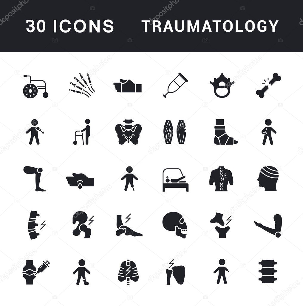 Collection simple icons of traumatology on a white background. Modern black and white signs for websites, mobile apps, and concepts