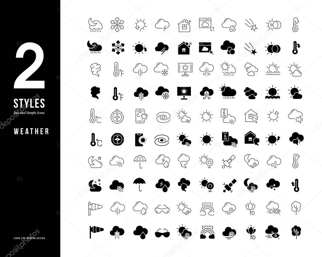 Collection simple and linear icons of weather on a white background. Modern black and white signs for websites, mobile apps, and concepts
