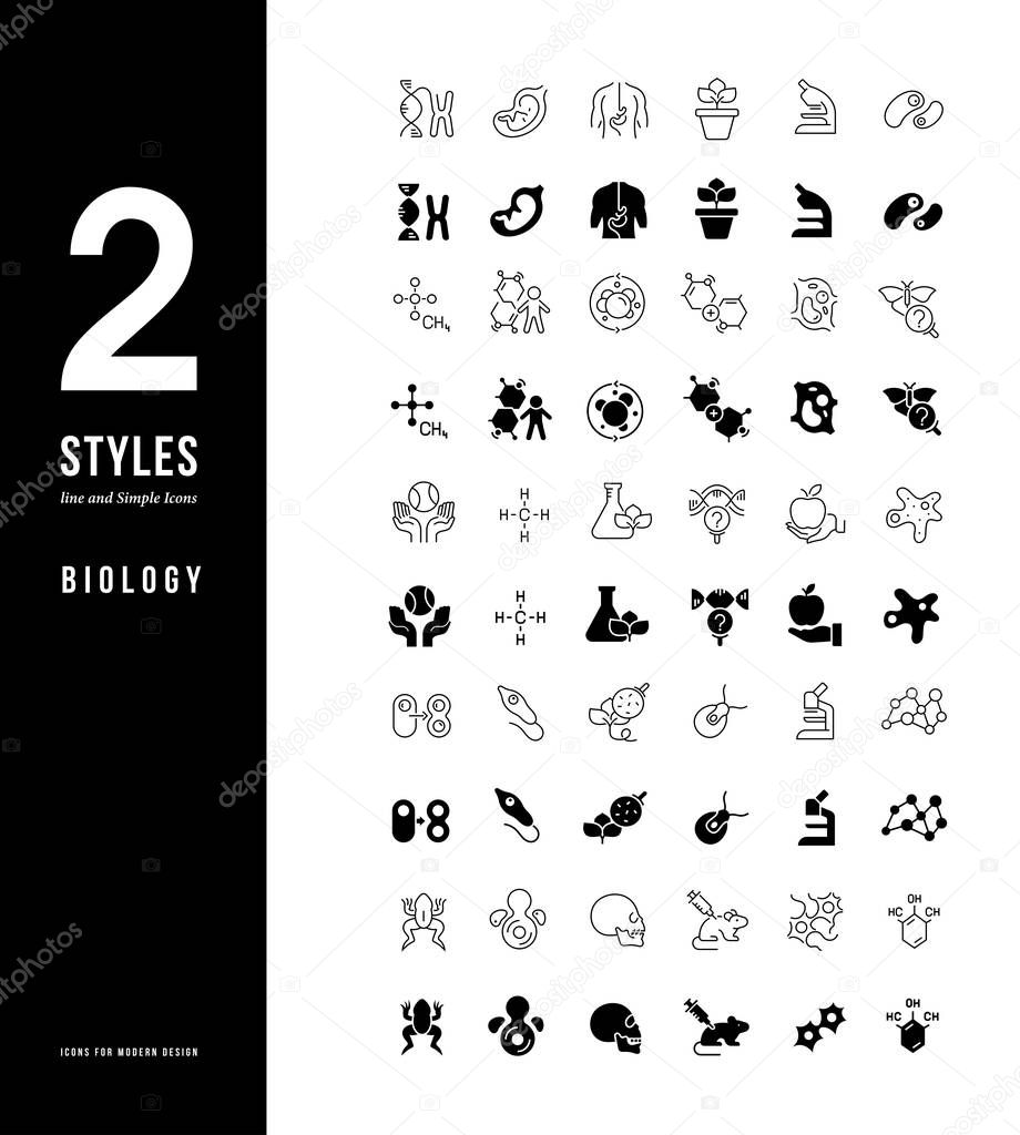 Collection simple and linear icons of biology on a white background. Modern black and white signs for websites, mobile apps, and concepts