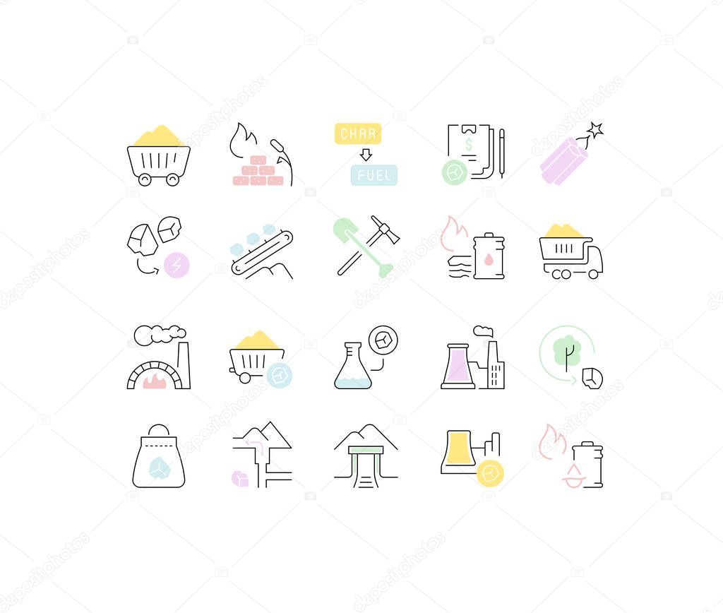 Set of vector line icons of coal mining for modern concepts, web and apps.