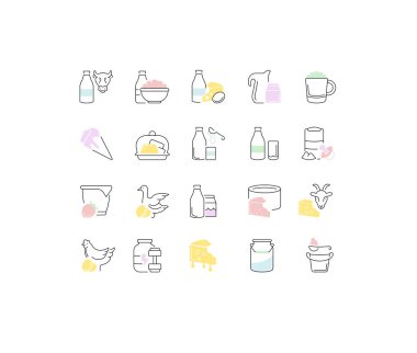 Süt ve süt ürünleri, vektör hat Icons set.