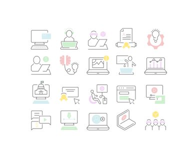 Freelancer ve online eğitim vektör çizgi simgeleri ayarlayın.