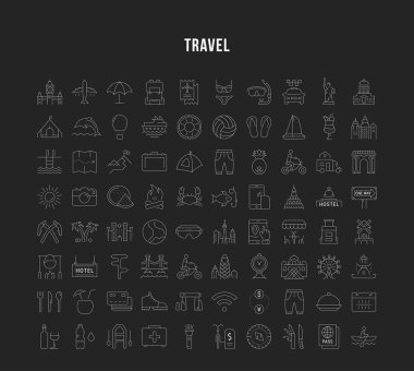 Set vektör düz çizgi simgeler seyahat ve macera