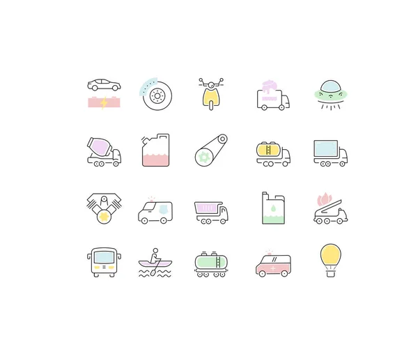 Set Vector Línea Plana Iconos Transporte — Vector de stock