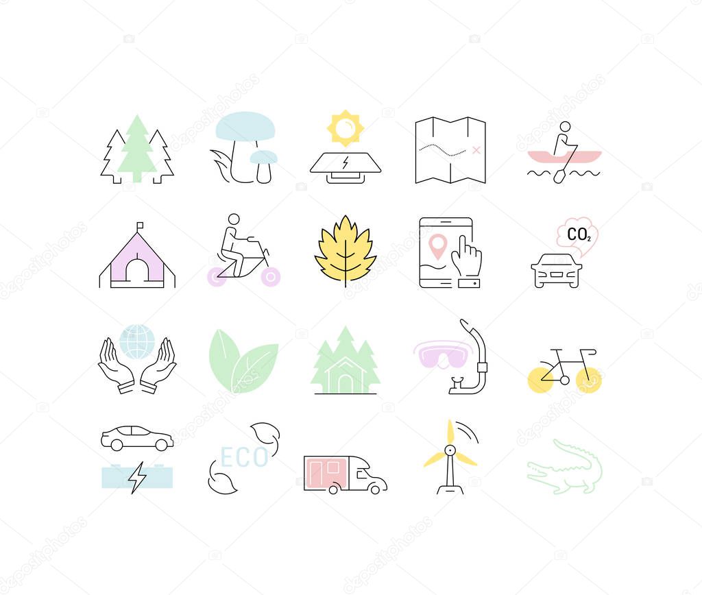 Set vector line icons in flat design eco, ecotourism and recycle with elements for mobile concepts and web apps. Collection modern infographic logo and pictogram.
