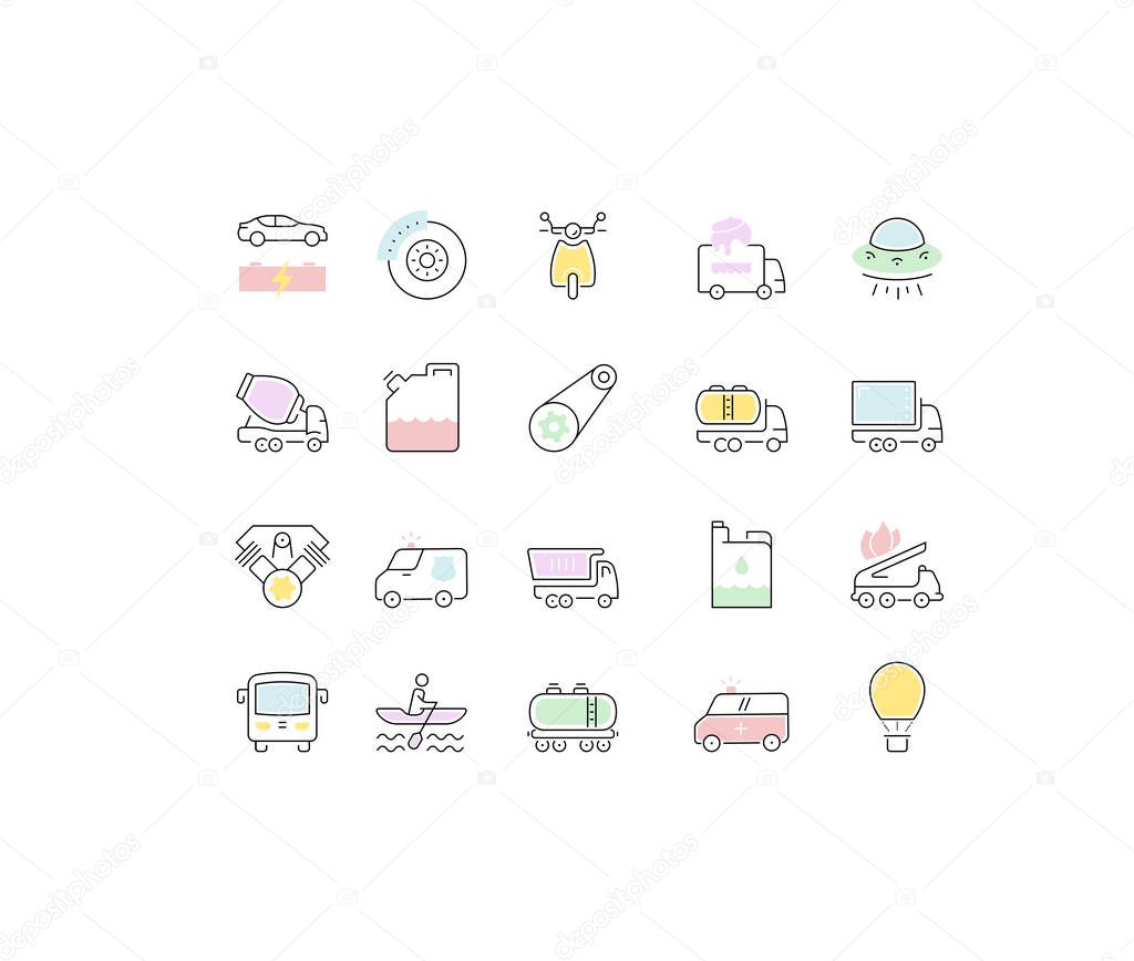 Set vector line icons in flat design transport, mechanics, electronics with elements for mobile concepts and web apps. Collection modern infographic logo and pictogram.