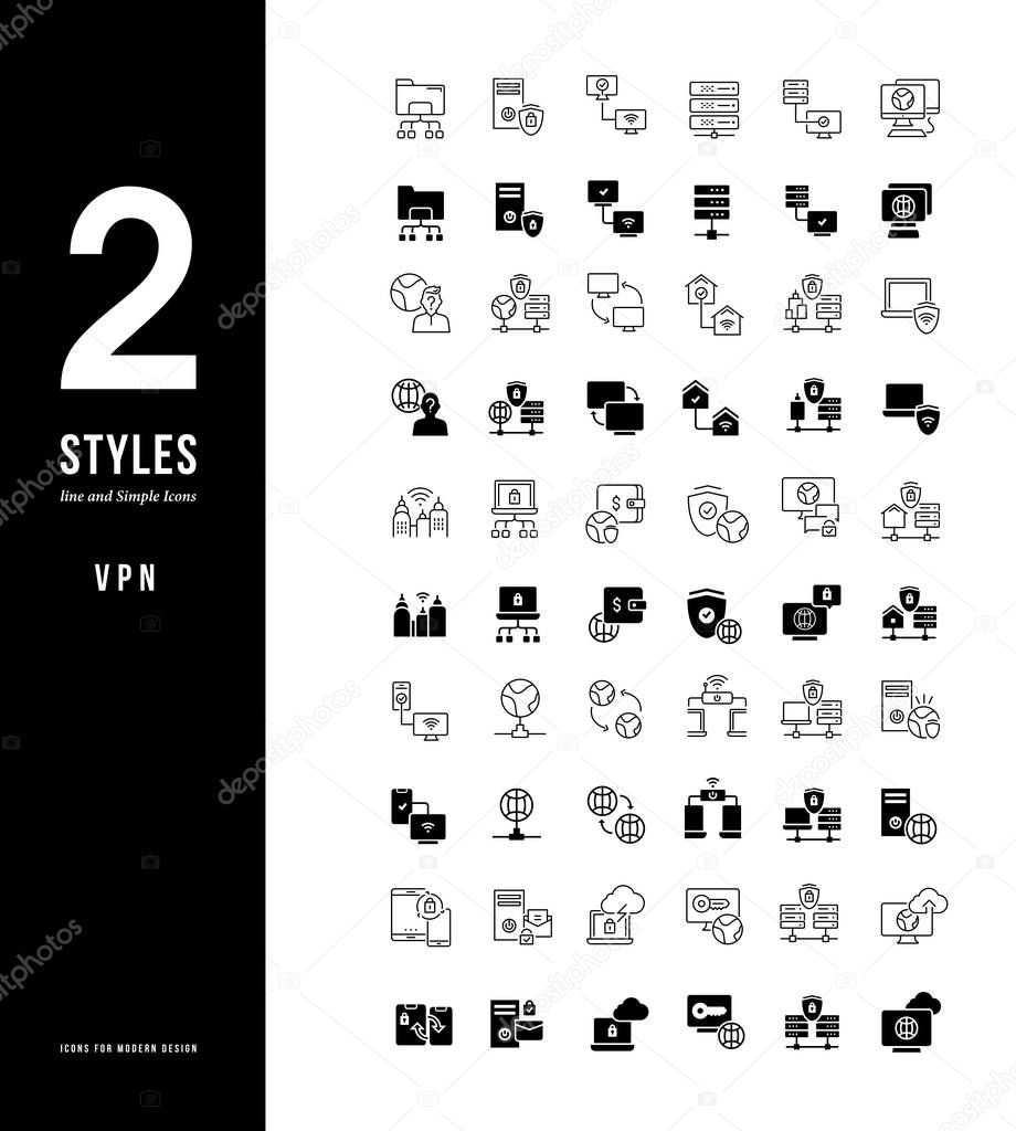 Collection simple and linear icons of vpn on a white background. Modern black and white signs for websites, mobile apps, and concepts
