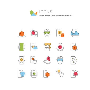 Modern kavramlar, web ve uygulamalar için artırılmış gerçekliğin vektör çizgisi simgeleri kümesi.
