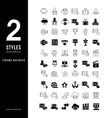Sinema işinin basit ve doğrusal simgelerini beyaz bir arkaplanda toplamak. Web siteleri, mobil uygulamalar ve kavramlar için modern siyah ve beyaz işaretler