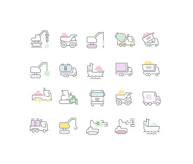 Modern kavramlar, web ve uygulamalar için inşaat taşımacılığının vektör çizgisi simgeleri kümesi. 