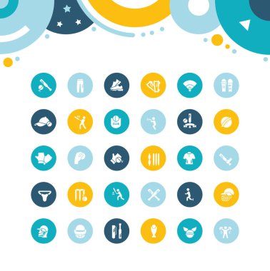 Renk çemberleri üzerine basit kriket simgeleri koleksiyonu. Web siteleri, mobil uygulamalar ve kavramlar için modern beyaz işaretler