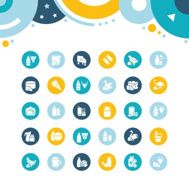 Renk çemberleri üzerinde basit süt ürünleri ikonları koleksiyonu. Web siteleri, mobil uygulamalar ve kavramlar için modern beyaz işaretler