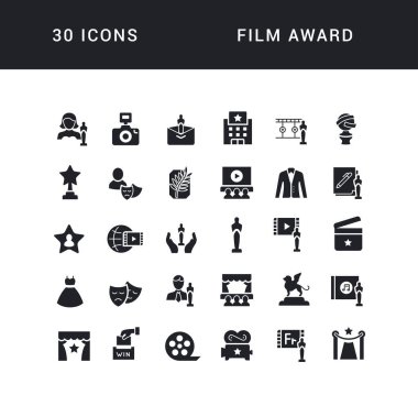 Mobil kavramlar, web ve uygulamalar için basit tasarım dalında siyah beyaz film ikonları koleksiyonu. Modern logoları ve piktogramları ayarla.