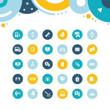 Renk çemberleri üzerinde modern aletlerin basit simgelerini toplamak. Web siteleri, mobil uygulamalar ve kavramlar için modern beyaz işaretler