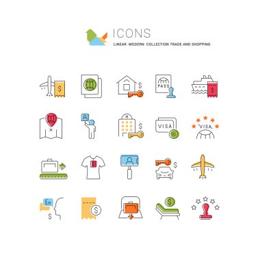 Modern kavramlar, web ve uygulamalar için ticaret ve alışveriş vektör hattı simgeleri kümesi.