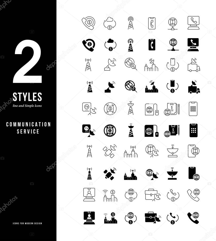 Collection simple and linear icons of communication service on a white background. Modern black and white signs for websites, mobile apps, and concepts
