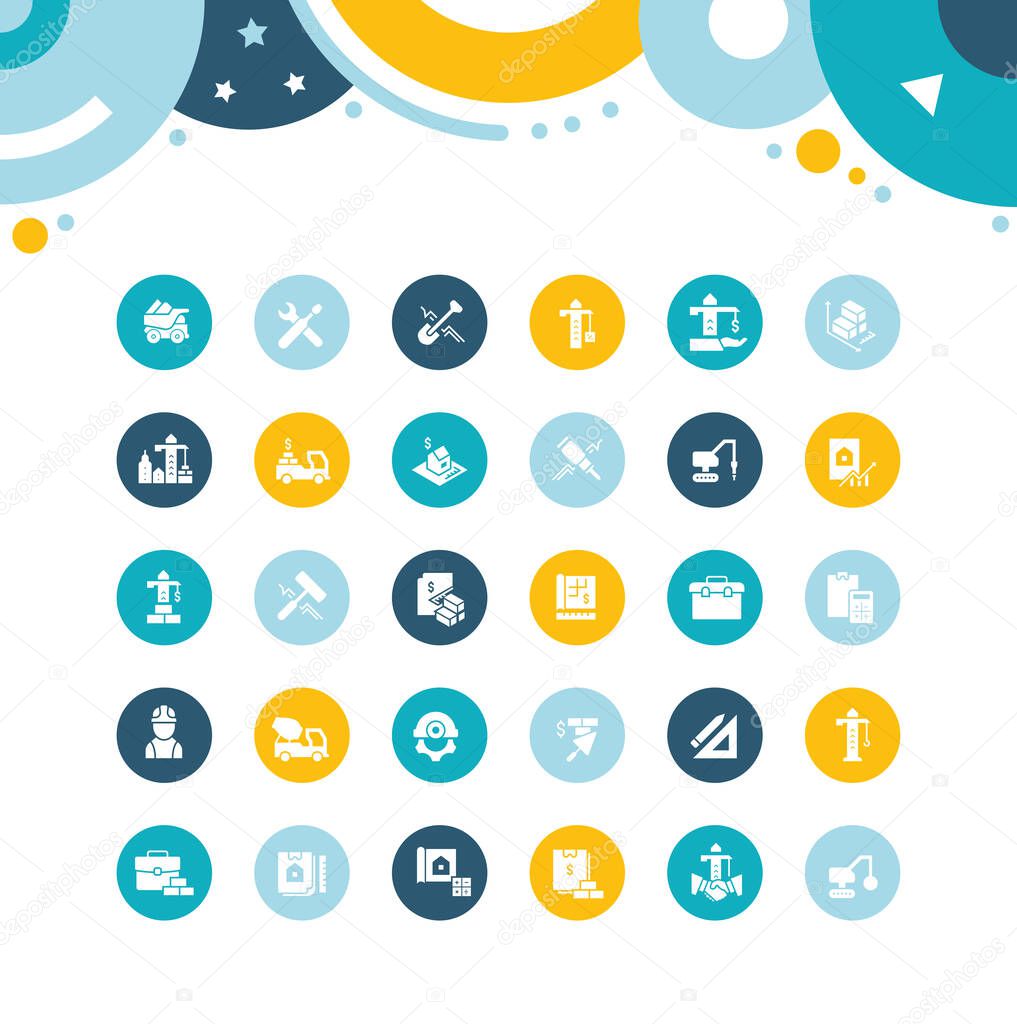 Collection simple icons of construction business on color circles. Modern white signs for websites, mobile apps, and concepts