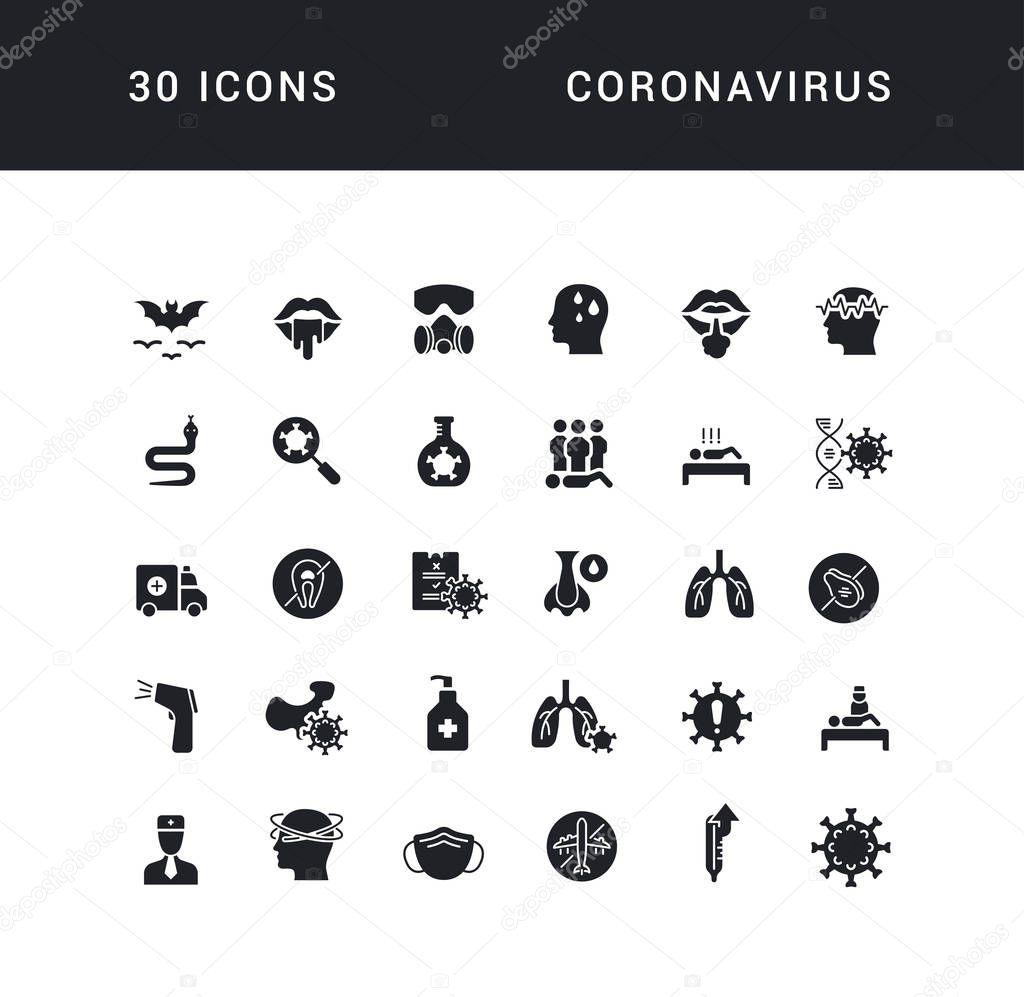 Collection of vector black and white icons of coronavirus in simple design for mobile concepts, web and applications. Set modern logos and pictograms.