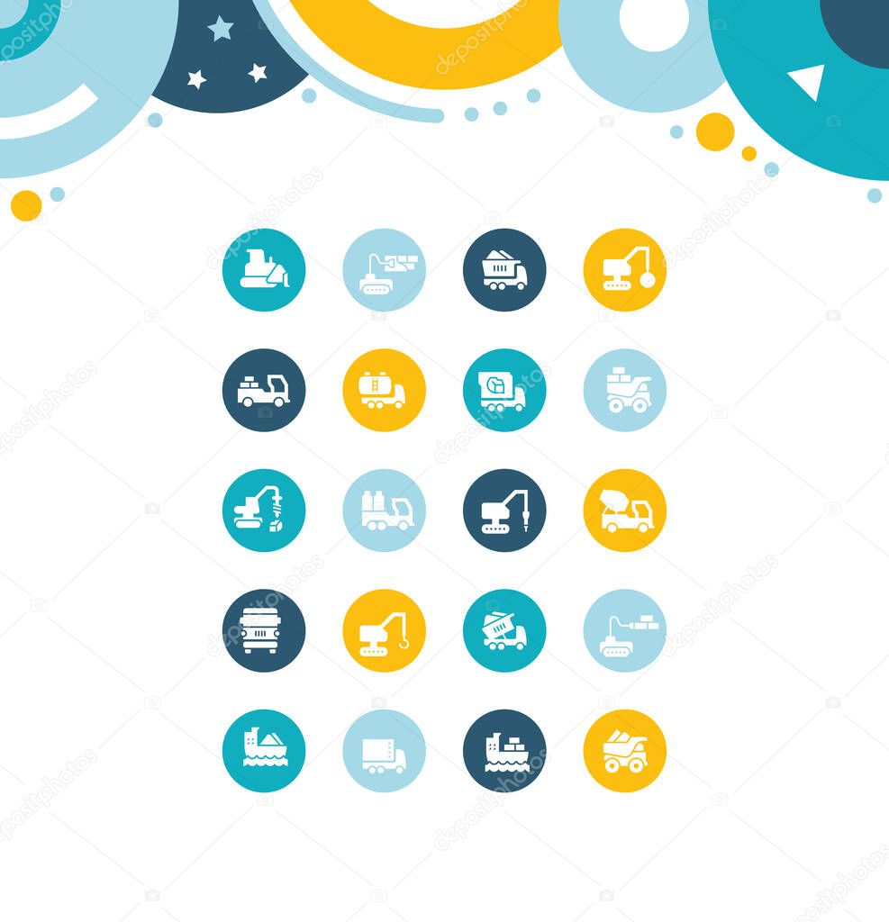 Collection simple icons of construction transport on color circles. Modern white signs for websites, mobile apps, and concepts
