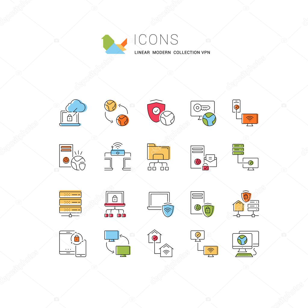 Set of vector line icons of vpn for modern concepts, web and apps.