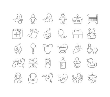 Taşınabilir kavramlar ve web uygulamaları için doğrusal tasarım içinde çocuk doğumunun ince vektör çizgisi simgelerini ayarlayın. Koleksiyon modern infografik resim ve işaretler.