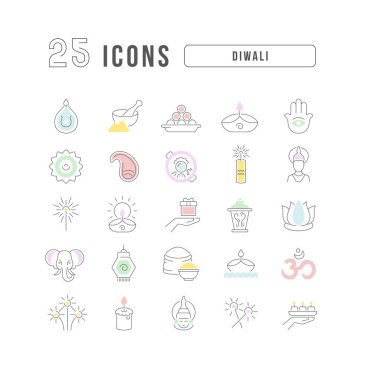Seyyar kavramlar ve web uygulamaları için doğrusal tasarım için diwali 'nin vektör çizgisi ince simgelerini ayarlayın. Koleksiyon modern infografik resim ve işaretler.