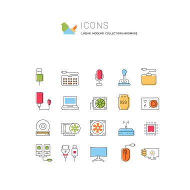 Modern kavramlar, web ve uygulamalar için donanımın düz elemanlarına sahip vektör çizgisi simgeleri, işaret ve semboller kümesi. 