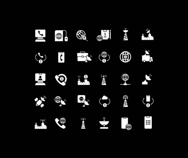Samla Enkla Ikoner För Kommunikationstjänst Svart Bakgrund Moderna Vita Skyltar — Stock vektor