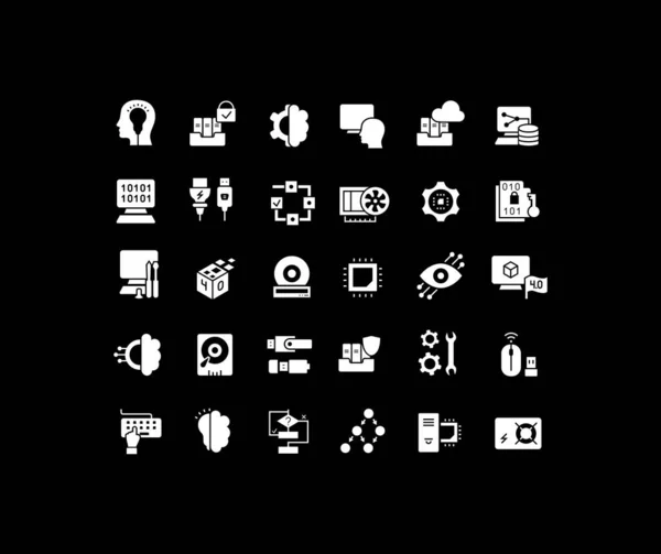 Sammlung Einfacher Ikonen Der Informatik Auf Schwarzem Hintergrund Moderne Weiße — Stockvektor