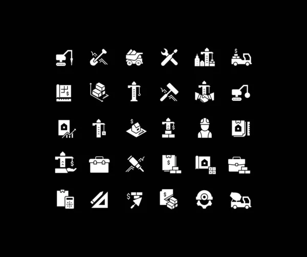 在黑色背景上收集建筑业务的简单图标 移动应用程序和概念的现代白色标志 — 图库矢量图片