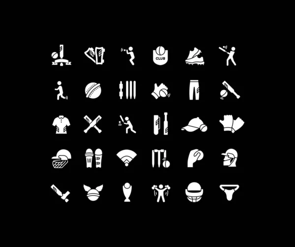Sammlung Einfacher Cricket Ikonen Auf Schwarzem Hintergrund Moderne Weiße Schilder — Stockvektor