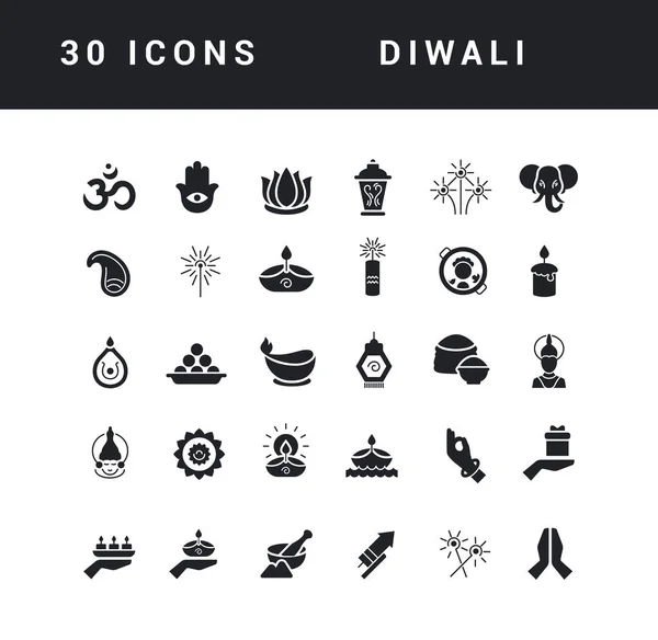 Sammlung Von Vektor Schwarz Weiß Icons Von Diwali Einfachem Design — Stockvektor