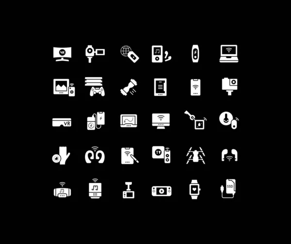 Collection Icônes Simples Gadgets Modernes Sur Fond Noir Panneaux Blancs — Image vectorielle