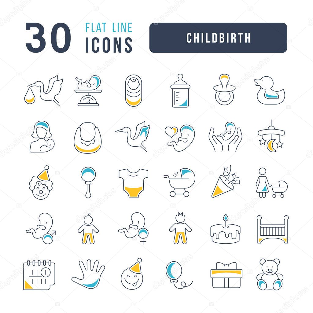 Set vector line thin icons of childbirth in linear design for mobile concepts and web apps. Collection modern infographic pictogram and signs.