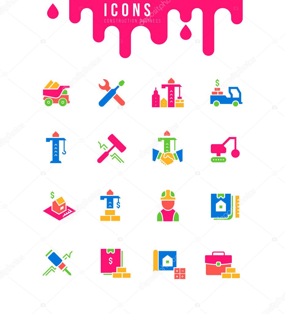 Collection simple icons of construction business on a white background. Modern black and white signs for websites, mobile apps, and concepts