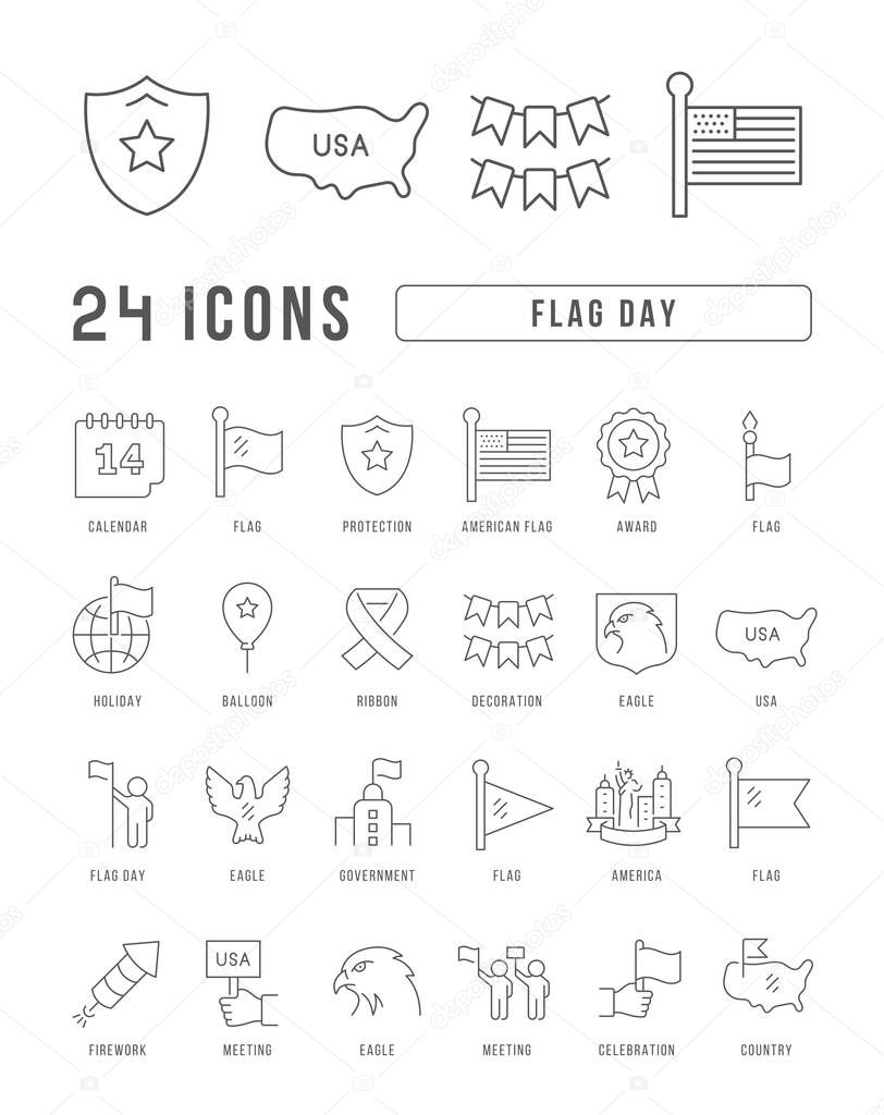 Set vector line thin icons of flag day in linear design for mobile concepts and web apps. Collection modern infographic pictogram and signs.