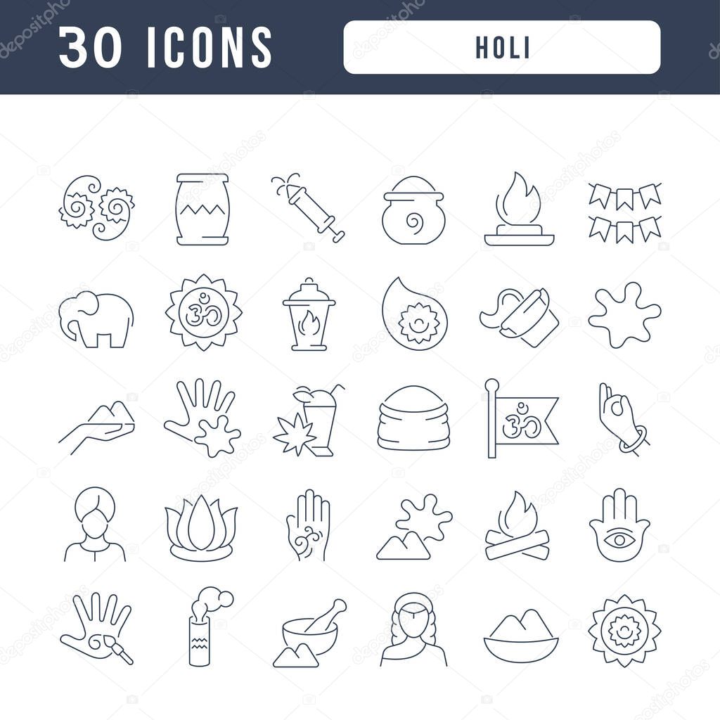 Set vector line thin icons of holi in linear design for mobile concepts and web apps. Collection modern infographic pictogram and signs.