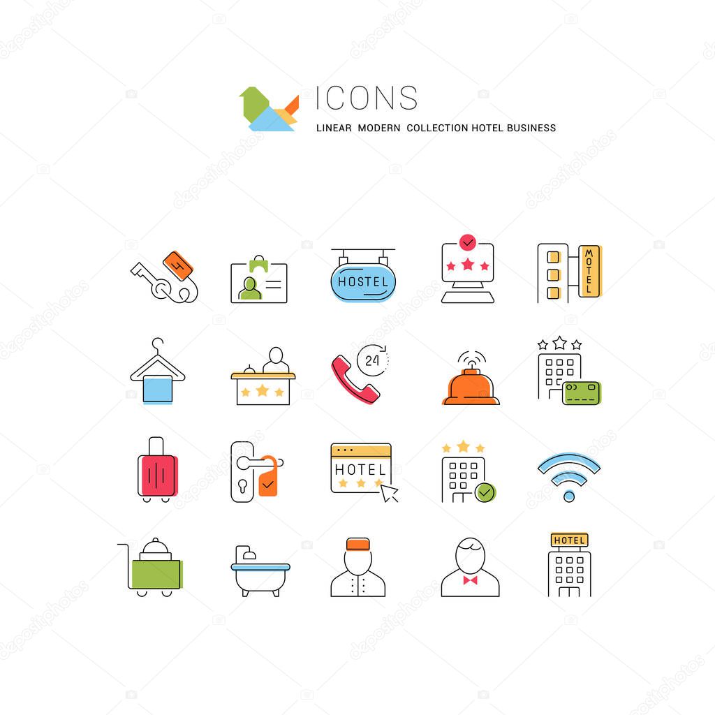 Set of vector line icons of hotel business for modern concepts, web and apps.