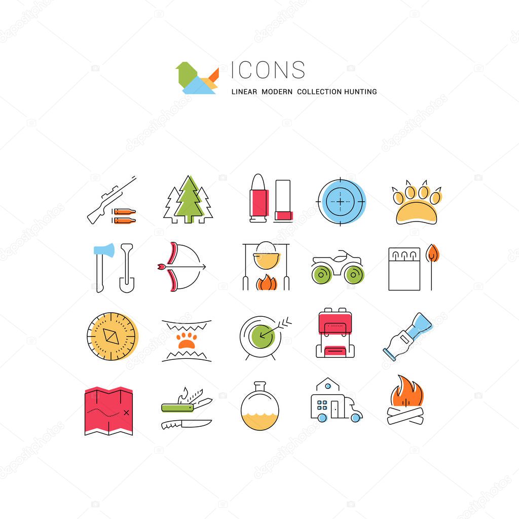 Set vector line icons, sign and symbols in flat design hunting with elements for mobile concepts and web apps. Collection modern infographic logo and pictogram.