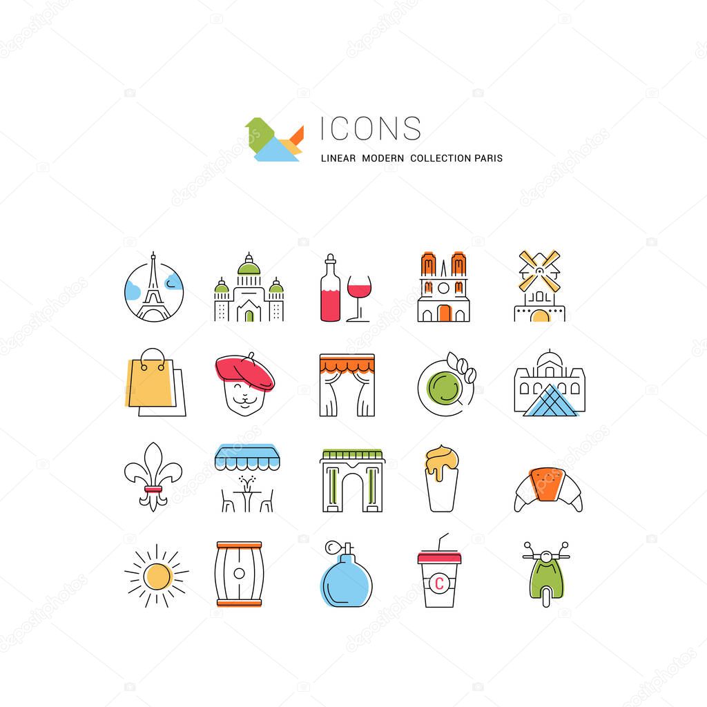 Set vector line icons in flat design Paris and France with elements for mobile concepts and web apps. Collection modern infographic logo and pictogram.