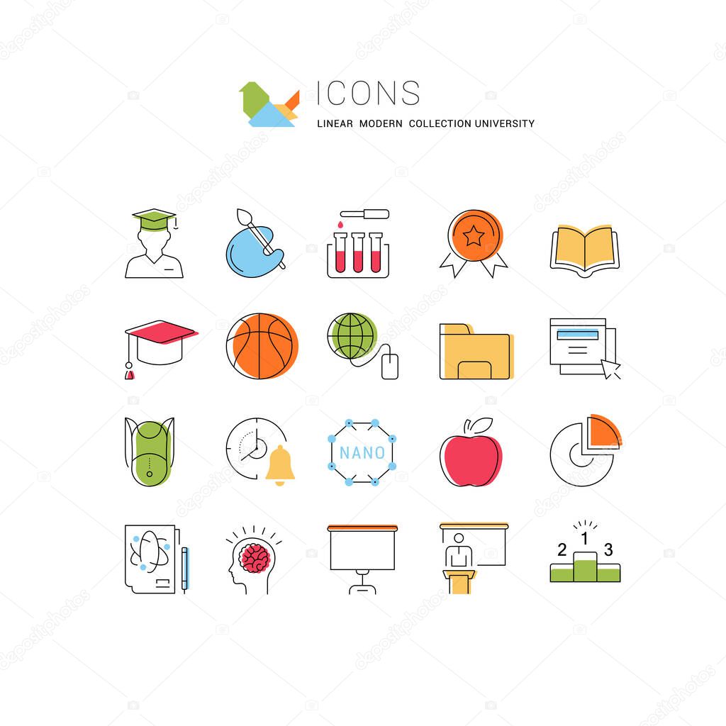 Set vector line icons, sign and symbols in flat design university, e-learning and science with elements for mobile concepts and web apps. Collection modern infographic logo and pictogram.