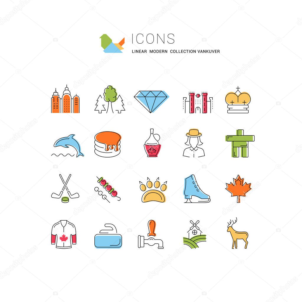 Set vector line icons in flat design Vancouver and Canada with elements for mobile concepts and web apps. Collection modern infographic logo and pictogram.