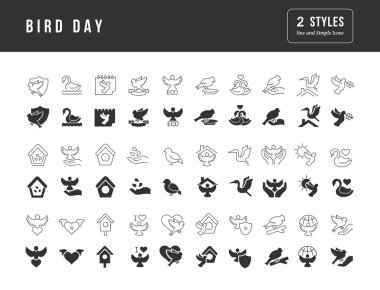Mobil kavramlar, web ve uygulamalar için basit tasarım içinde kuş gününün siyah beyaz vektör simgelerinin toplanması. Modern logoları ve piktogramları ayarla.