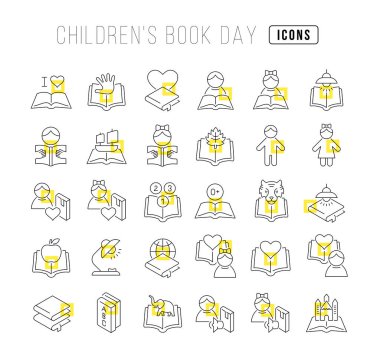 Set vector line thin icons of childrens book day in linear design for mobile concepts and web apps. Collection modern infographic pictogram and signs. clipart