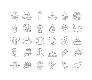 Seyyar kavramlar ve web uygulamaları için doğrusal tasarım için diwali 'nin vektör çizgisi ince simgelerini ayarlayın. Koleksiyon modern infografik resim ve işaretler.